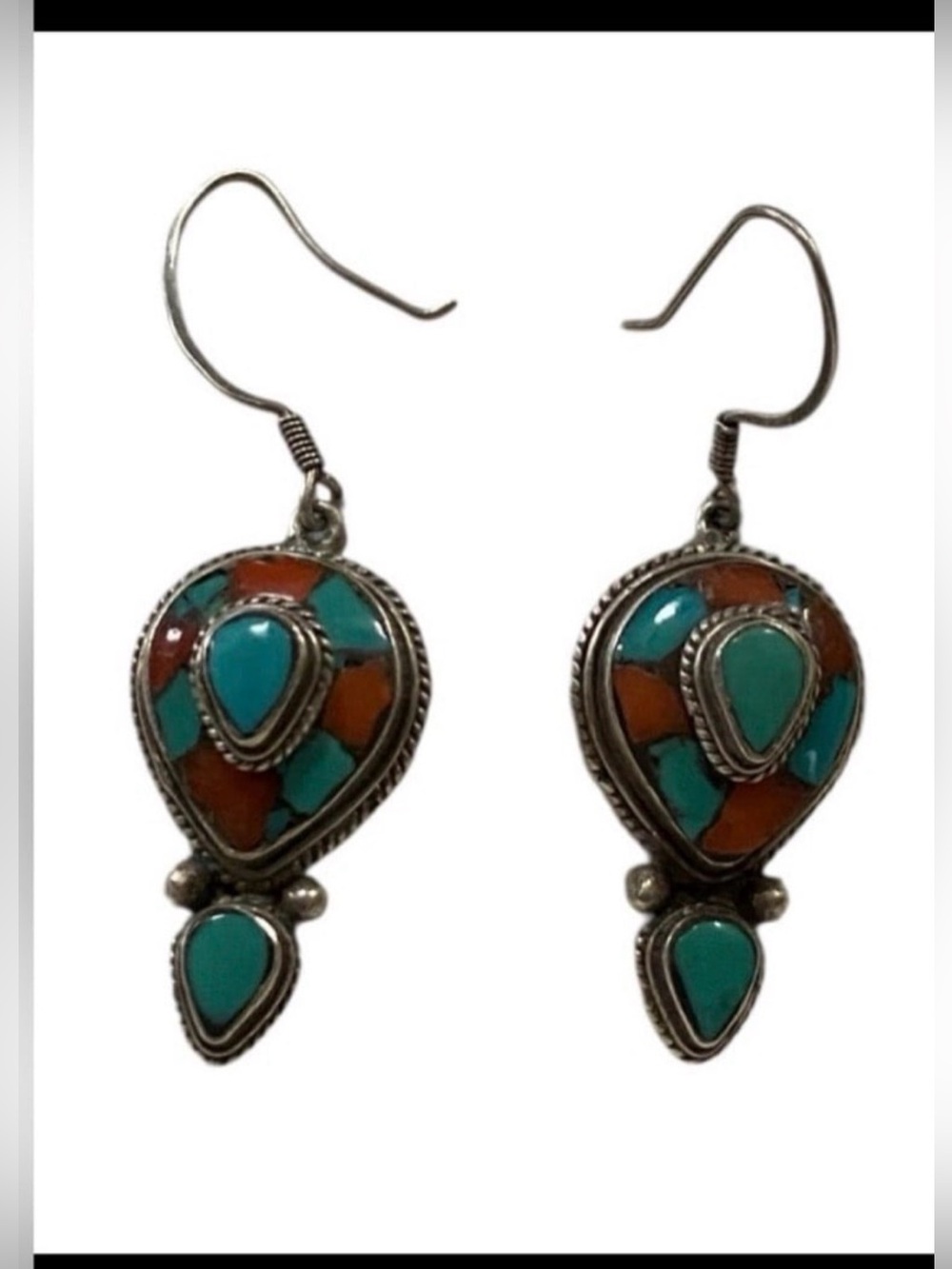 Sterling Silver Turquoise & Coral Pierced Earrings #7832